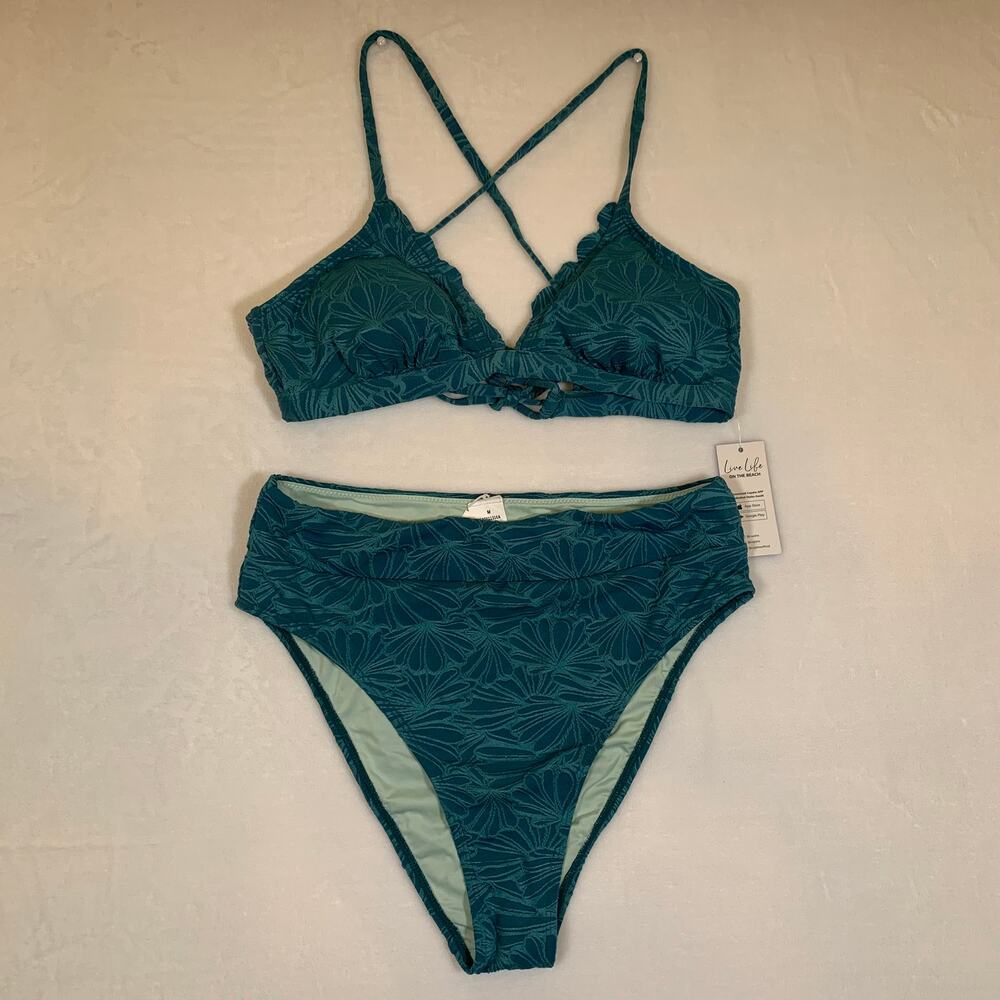 NWT Cupshe Teal Leaf Print Lace Up Bikini Set Size Medium